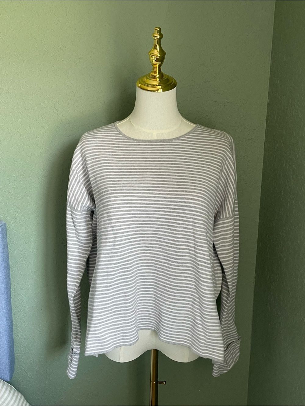 Eileen Fisher Cotton Silk Striped Sweater Silver Light Gray White Size SP